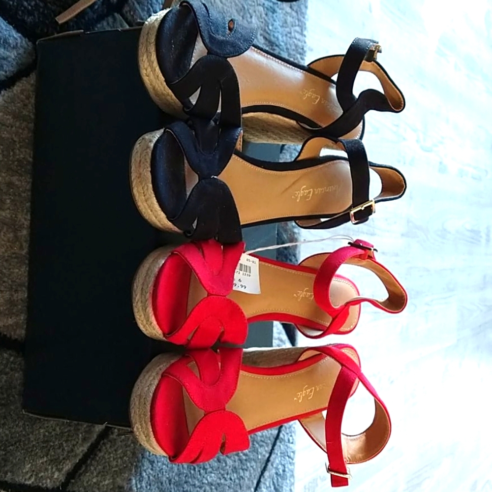 Two pairs of red and black wedges